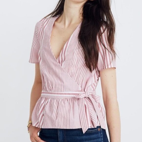 Madewell Ruffle Hem Wrap Top in Stripe Mix Size XXS - Picture 1 of 8